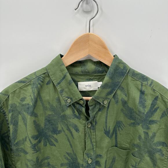ONIA Men's Linen Cotton Green Palm Print Button Down Shirt // L - Picture 2 of 8